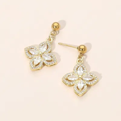 Fashnzfab Stainless Steel Cz Flower Charm Dangle Earrings In Gold