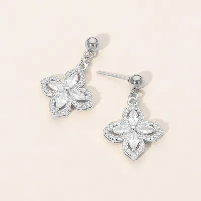 Fashnzfab Stainless Steel Cz Flower Charm Dangle Earrings In Metallic