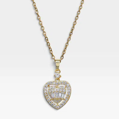 Fashnzfab Stainless Steel Cz Heart Halo Pendant Necklace In Gold