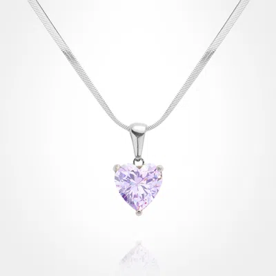 Fashnzfab Stainless Steel Cz Heart Pendant Necklace - Purple, Rhodium In Multi