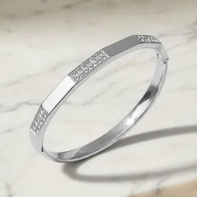 Fashnzfab Stainless Steel Cz Pave Accent Hinged Bangle Bracelet In Silver