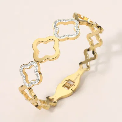 Fashnzfab Stainless Steel Cz Pave Accent Open Quatrefoil Link Hinged Bangle Bracelet In Gold