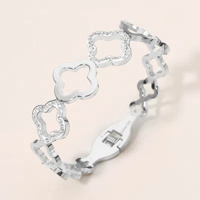 Fashnzfab Stainless Steel Cz Pave Accent Open Quatrefoil Link Hinged Bangle Bracelet In Silver