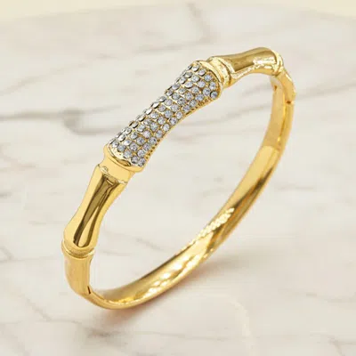 Fashnzfab Stainless Steel Cz Pave Bamboo Hinged Bangle Bracelet In Gold