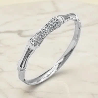 Fashnzfab Stainless Steel Cz Pave Bamboo Hinged Bangle Bracelet In Silver