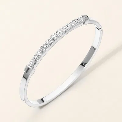 Fashnzfab Stainless Steel Cz Pave Bar Accent Hinged Bangle Bracelet In Silver
