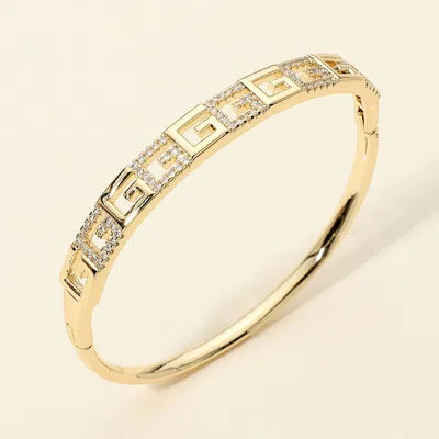 Fashnzfab Stainless Steel Cz Pave Geometric Greek Key Hinged Bangle Bracelet In Gold