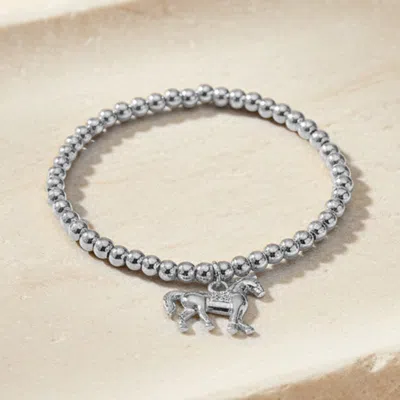 Fashnzfab Stainless Steel Cz Pave Horse Charm Beaded Stretch Bracelet In Silver