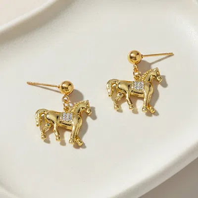 Fashnzfab Stainless Steel Cz Pave Horse Charm Drop Dangle Earrings In Gold
