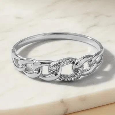 Fashnzfab Stainless Steel Cz Pave Interlocking Hinged Bangle Bracelet In Silver