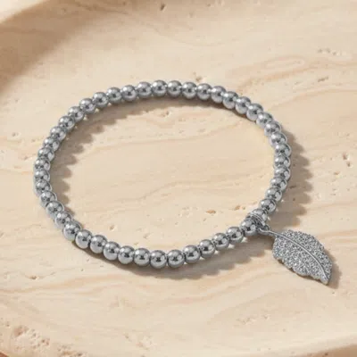 Fashnzfab Stainless Steel Cz Pave Leaf Charm Beaded Stretch Bracelet In Silver