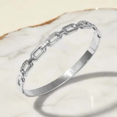 Fashnzfab Stainless Steel Cz Pave Link Hinged Bangle Bracelet In Silver