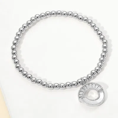Fashnzfab Stainless Steel Cz Pave Mother Of Pearl Detail Open Circle Charm Beaded Stretch Bracelet In Silver