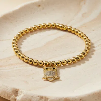 Fashnzfab Stainless Steel Cz Pave Owl Charm Beaded Stretch Bracelet In Gold