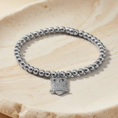 Fashnzfab Stainless Steel Cz Pave Owl Charm Beaded Stretch Bracelet In Silver