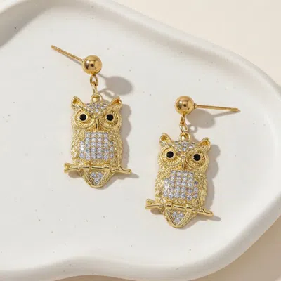 Fashnzfab Stainless Steel Cz Pave Owl Charm Drop Dangle Earrings In Gold