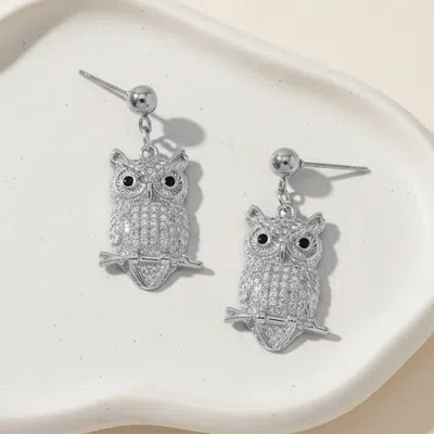 Fashnzfab Stainless Steel Cz Pave Owl Charm Drop Dangle Earrings In Silver