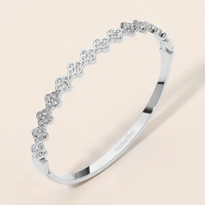 Fashnzfab Stainless Steel Cz Pave Quatrefoil Station Hinged Bangle Bracelet In Silver