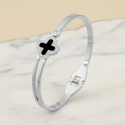 Fashnzfab Stainless Steel Cz Pave Rim Quatrefoil Accent Hinged Bangle Bracelet In Multi