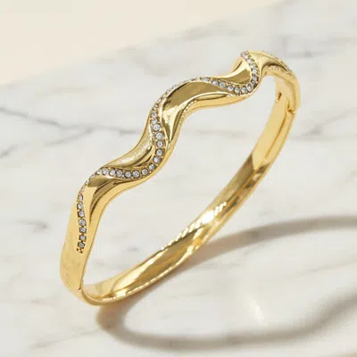 Fashnzfab Stainless Steel Cz Pave Wavy Hinged Bangle Bracelet In Gold