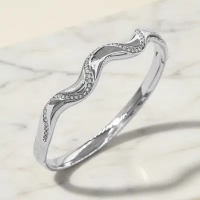 Fashnzfab Stainless Steel Cz Pave Wavy Hinged Bangle Bracelet In Silver