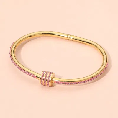 Fashnzfab Stainless Steel Cz Stone Accent Hinged Bangle Bracelet In Gold
