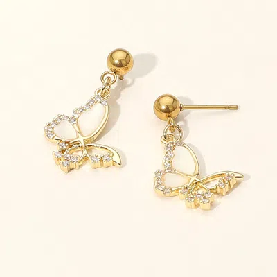 Fashnzfab Stainless Steel Cz Stone Accent Mother Of Pearl Butterfly Charm Dangle Earrings - Gold, Mother Of Pe