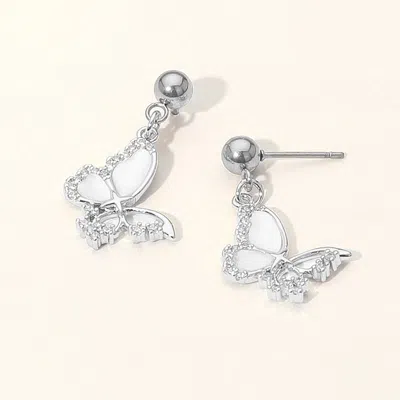 Fashnzfab Stainless Steel Cz Stone Accent Mother Of Pearl Butterfly Charm Dangle Earrings - Mother Of Pearl, S In Metallic