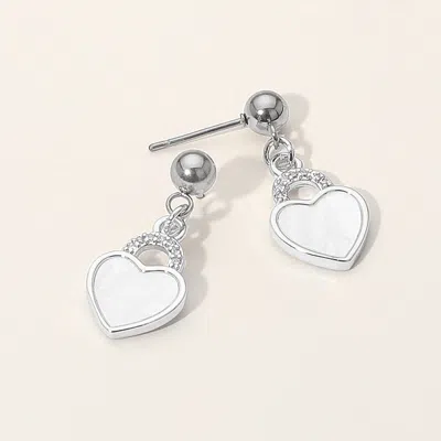 Fashnzfab Stainless Steel Cz Stone Accent Mother Of Pearl Heart Charm Dangle Earrings In Multi