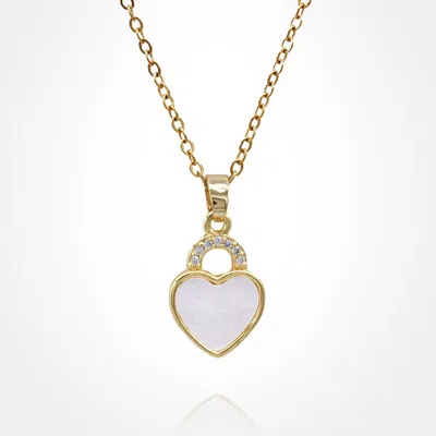 Fashnzfab Stainless Steel Cz Stone Accent Mother Of Pearl Heart Pendant Necklace In Gold