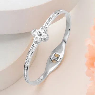 Fashnzfab Stainless Steel Cz Stone Clover Pointed Hinged Bangle Bracelet Silver