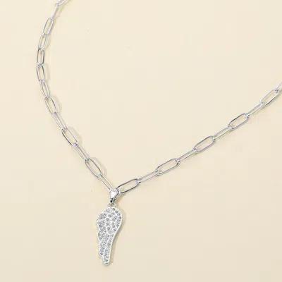 Fashnzfab Stainless Steel Cz Stone Paved Angel Wing Pendant Paperclip Chain Necklace In Silver