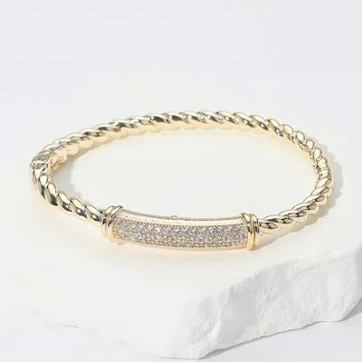 Fashnzfab Stainless Steel Cz Stone Paved Bar Accent Hinged Bangle Bracelet In Silver