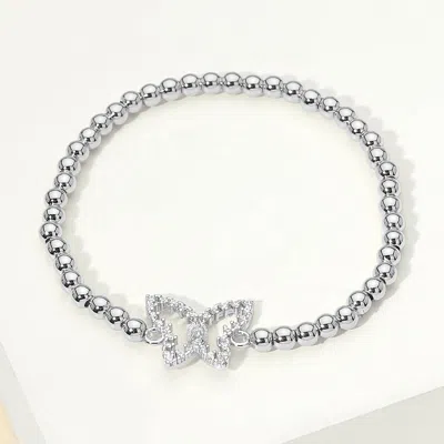 Fashnzfab Stainless Steel Cz Stone Paved Butterfly Charm Beaded Stretch Bracelet In Silver