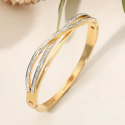 Fashnzfab Stainless Steel Cz Stone Paved Crisscross Hinged Bangle Bracelet In Gold