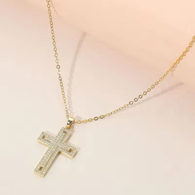 Fashnzfab Stainless Steel Cz Stone Paved Cross Pendant Necklace In Gold
