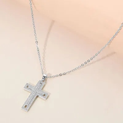 Fashnzfab Stainless Steel Cz Stone Paved Cross Pendant Necklace In Silver