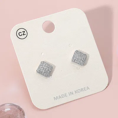 Fashnzfab Stainless Steel Cz Stone Paved Diamond Stud Earrings - Rhodium In Silver
