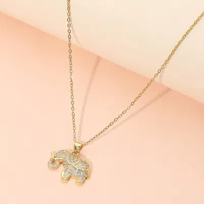 Fashnzfab Stainless Steel Cz Stone Paved Elephant Charm Pendant Necklace In Gold