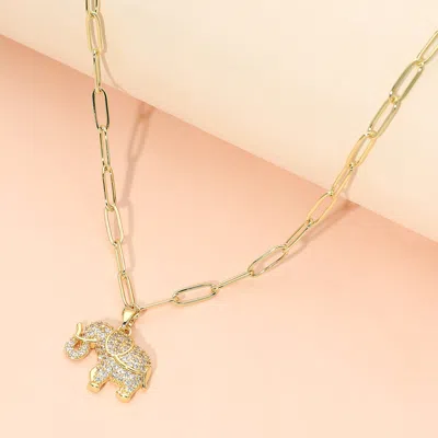 Fashnzfab Stainless Steel Cz Stone Paved Elephant Charm Pendant Paperclip Chain Necklace In Gold