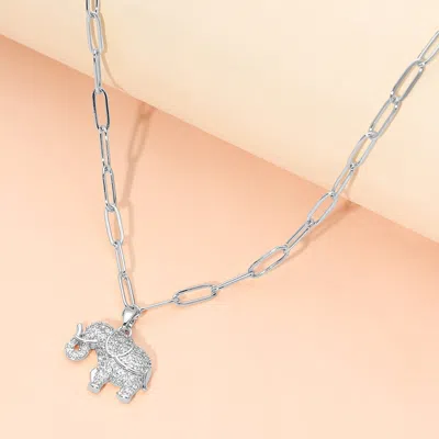 Fashnzfab Stainless Steel Cz Stone Paved Elephant Charm Pendant Paperclip Chain Necklace In Silver