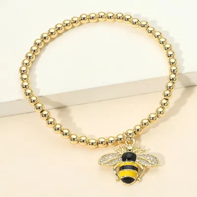 Fashnzfab Stainless Steel Cz Stone Paved Enamel Honey Bee Charm Beaded Stretch Bracelet In Gold