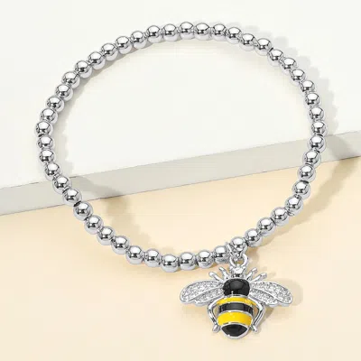 Fashnzfab Stainless Steel Cz Stone Paved Enamel Honey Bee Charm Beaded Stretch Bracelet In Silver