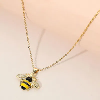 Fashnzfab Stainless Steel Cz Stone Paved Enamel Honey Bee Pendant Necklace In Gold