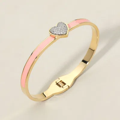 Fashnzfab Stainless Steel Cz Stone Paved Heart Accent Hinged Bangle Bracelet In Pink