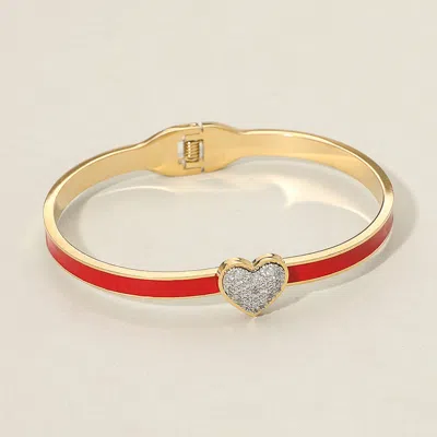 Fashnzfab Stainless Steel Cz Stone Paved Heart Accent Hinged Bangle Bracelet In Red