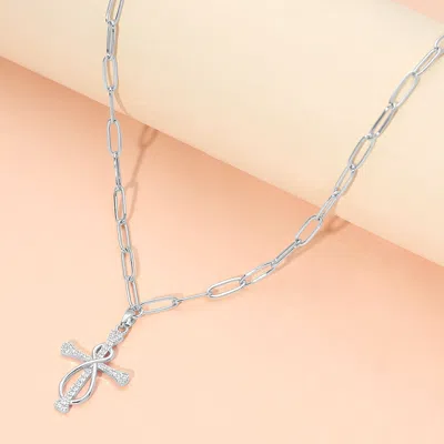 Fashnzfab Stainless Steel Cz Stone Paved Knot Cross Charm Pendant Paperclip Chain Necklace In Silver