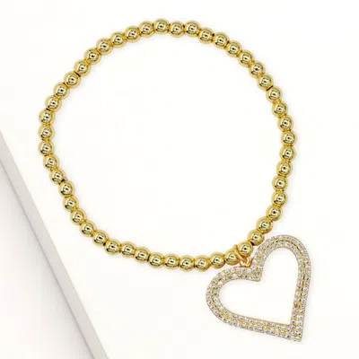 Fashnzfab Stainless Steel Cz Stone Paved Open Heart Charm Stretch Bracelet Clear, Gold In Silver