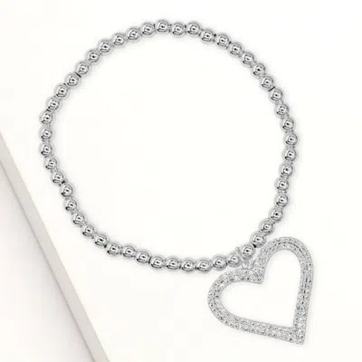Fashnzfab Stainless Steel Cz Stone Paved Open Heart Charm Stretch Bracelet Clear, Silver In Multi