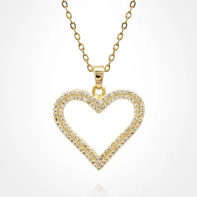 Fashnzfab Stainless Steel Cz Stone Paved Open Heart Pendant Necklace In Gold